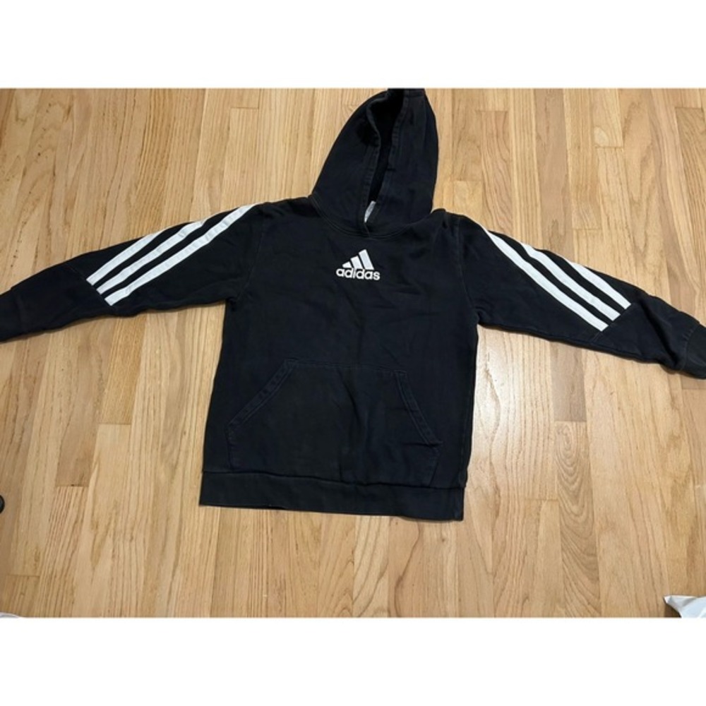 Adidas Kids Black 3-Stripes Pullover Hoodie Logo Sweatshirt Size Large 14/16
